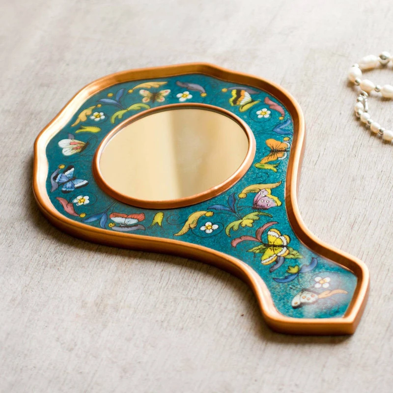 NOVICA Turquoise Blue Butterflies And Reverse Painted Glass Hand Mirror 4 NOVICA Turquoise Blue Butterflies And Reverse Painted Glass Hand Mirror - Image 2