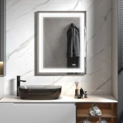 Wellfor Frameless LED Lighted Dimmable Bathroom Vanity Mirror With Defogger, 28"x36"