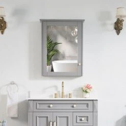 Wellfor Bathroom Solid Wood Medicine Cabinet With Silver Coated Mirror, 24"x30", Titainum Grey