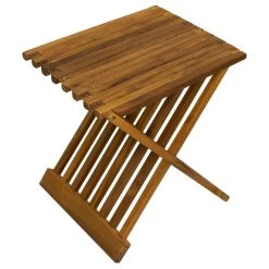 Nordic Style Oiled Teak Folding Stool With Horizontal Slats