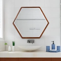 Uniek McLean Hexagon Wood Framed Wall Mirror, Walnut Brown 26x30 -Laural Home Shop 279103570fb40f72 5143 w800 h800 b0 p0