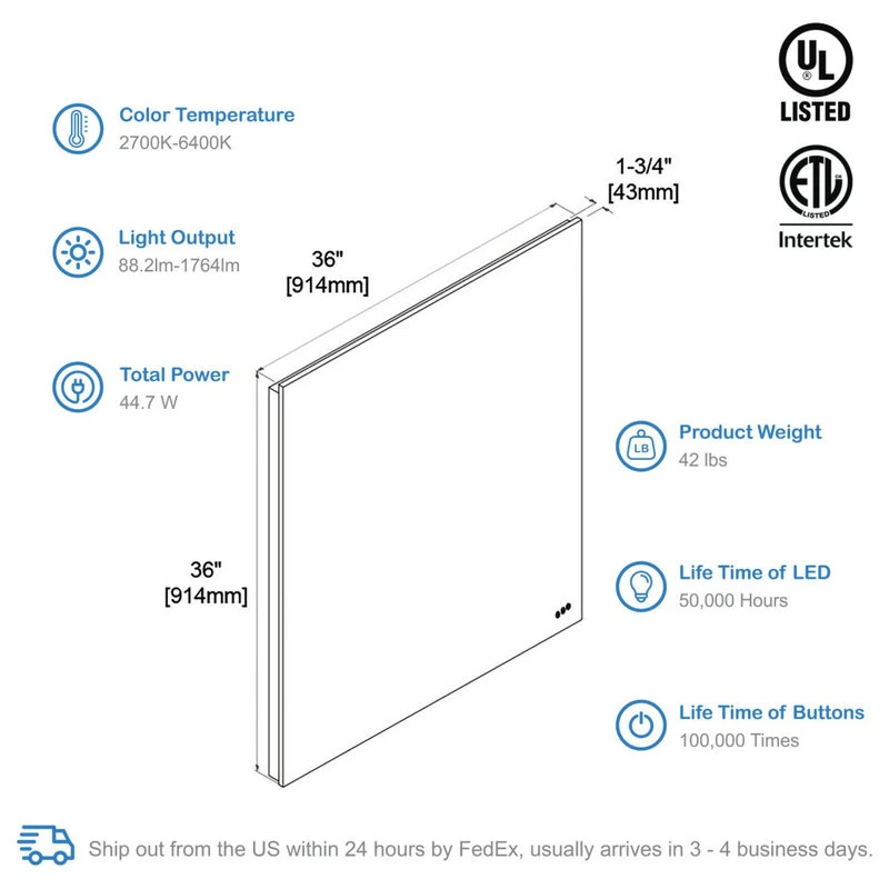 Blossom Kitchen & Bath Supply Fogless, Dimmable, Color Temperature Adjustable LED Mirror, 36x36 6 Blossom Kitchen & Bath Supply Fogless, Dimmable, Color Temperature Adjustable LED Mirror, 36x36 - Image 4