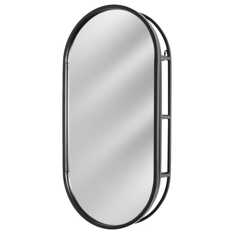 Head West, Inc. Black Metal Framed Oval Vanity Wall Mirror With Shelves - 15" X 30" 3 Head West, Inc. Black Metal Framed Oval Vanity Wall Mirror With Shelves - 15" X 30"