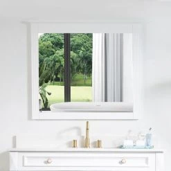 Wellfor Bathroom Solid Wood Mirror For Wall Mounted, 38" X 33" HD Vanity Mirror, White