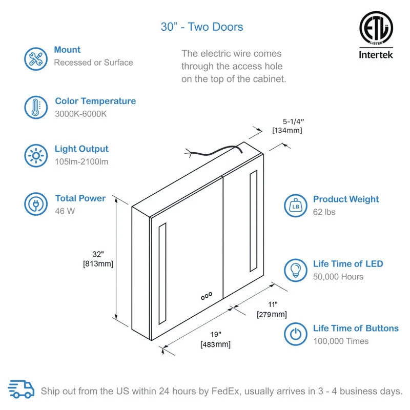 Blossom Kitchen & Bath Supply LED Mirror Medicine Cabinet With Defogger, Dimmer And Outlets, 30x32 5 Blossom Kitchen & Bath Supply LED Mirror Medicine Cabinet With Defogger, Dimmer And Outlets, 30x32 - Image 3