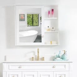 Wellfor Bathroom Solid Wood Medicine Cabinet With Silver Coated Mirror, 34"x30", White