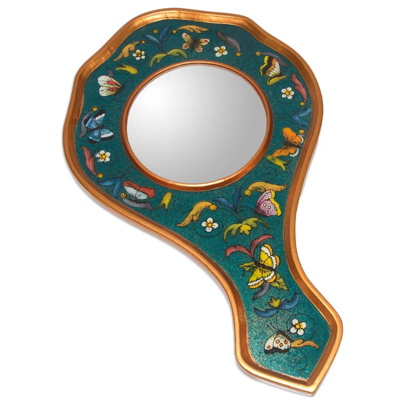 NOVICA Turquoise Blue Butterflies And Reverse Painted Glass Hand Mirror 3 NOVICA Turquoise Blue Butterflies And Reverse Painted Glass Hand Mirror