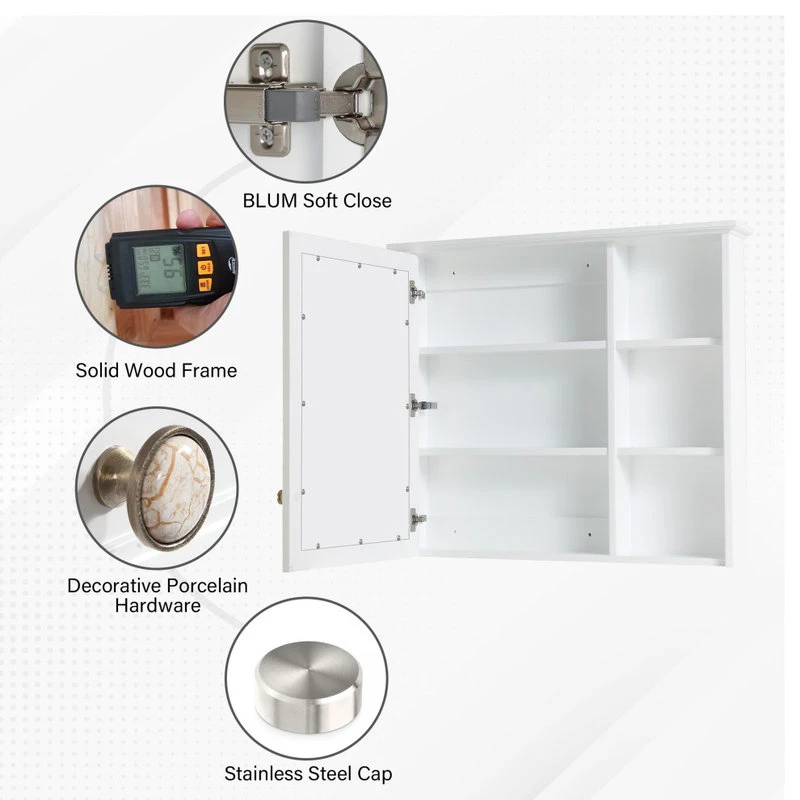Wellfor Bathroom Solid Wood Medicine Cabinet With Silver Coated Mirror, 34"x30", White 6 Wellfor Bathroom Solid Wood Medicine Cabinet With Silver Coated Mirror, 34"x30", White - Image 4