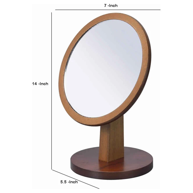 Benjara Wooden Makeup Round Mirror With Pedestal Base Brown And Silver- Saltoro Sherpi 7 Benjara Wooden Makeup Round Mirror With Pedestal Base Brown And Silver- Saltoro Sherpi - Image 5