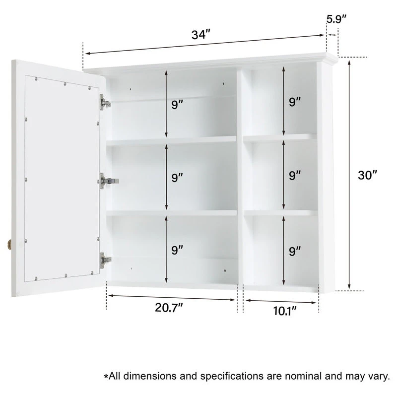 Wellfor Bathroom Solid Wood Medicine Cabinet With Silver Coated Mirror, 34"x30", White 11 Wellfor Bathroom Solid Wood Medicine Cabinet With Silver Coated Mirror, 34"x30", White - Image 9