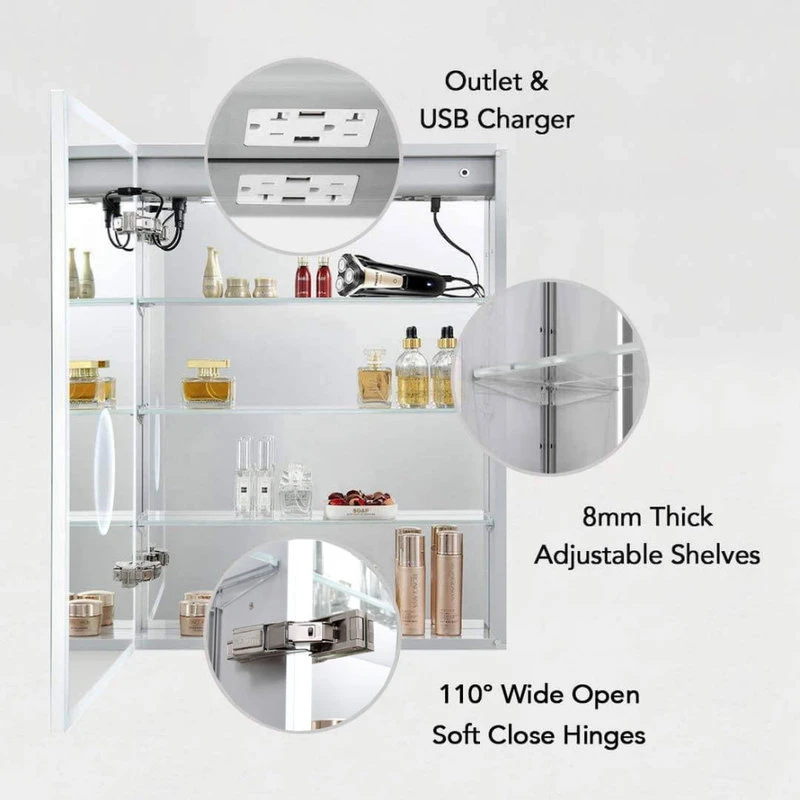 Blossom Kitchen & Bath Supply LED Mirror Medicine Cabinet With 3X, Defogger, Dimmer Outlets And USB, 24/L 6 Blossom Kitchen & Bath Supply LED Mirror Medicine Cabinet With 3X, Defogger, Dimmer Outlets And USB, 24/L - Image 4