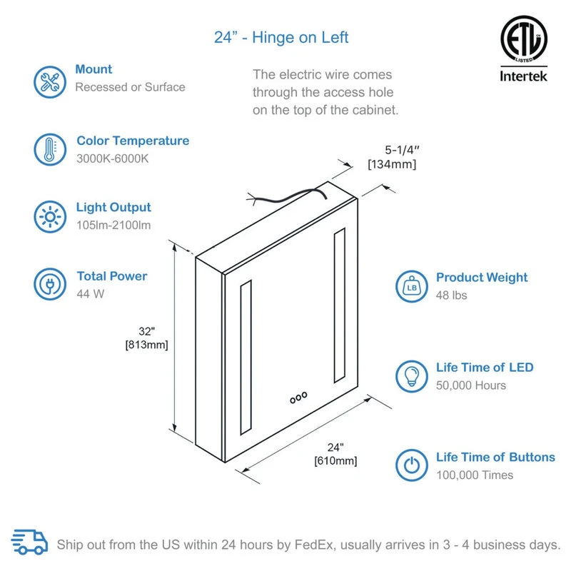 Blossom Kitchen & Bath Supply LED Mirror Medicine Cabinet With Defogger, Dimmer And Outlets, 24" Left 5 Blossom Kitchen & Bath Supply LED Mirror Medicine Cabinet With Defogger, Dimmer And Outlets, 24" Left - Image 3