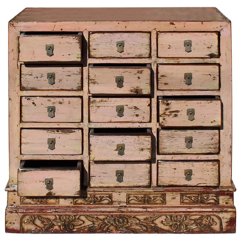 Golden Lotus Antiques Chinese Distressed Mauve Beige 15 Drawers Medicine Apothecary Cabinet Hcs4602 6 Golden Lotus Antiques Chinese Distressed Mauve Beige 15 Drawers Medicine Apothecary Cabinet Hcs4602 - Image 4