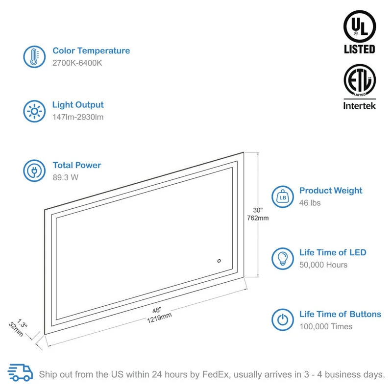 Blossom Kitchen & Bath Supply Fogless, Color Temperature Adjustable LED Mirror, 48"x30" 6 Blossom Kitchen & Bath Supply Fogless, Color Temperature Adjustable LED Mirror, 48"x30" - Image 4
