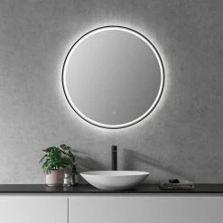 Altair Palme Round Framed Bathroom/Vanity LED Lighted Wall Mirror, Matte Black, 32"