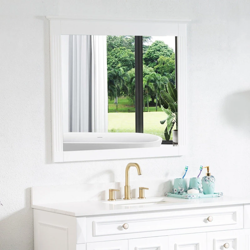 Wellfor Bathroom Solid Wood Mirror For Wall Mounted, 38" X 33" HD Vanity Mirror, White 5 Wellfor Bathroom Solid Wood Mirror For Wall Mounted, 38" X 33" HD Vanity Mirror, White - Image 3