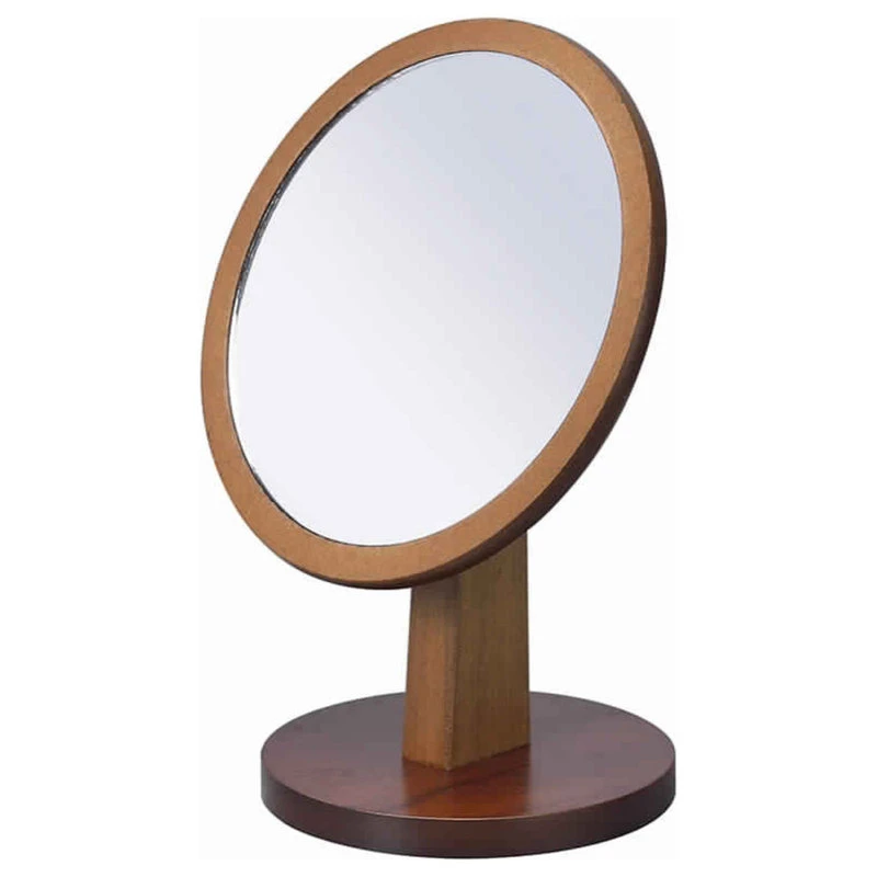 Benjara Wooden Makeup Round Mirror With Pedestal Base Brown And Silver- Saltoro Sherpi 3 Benjara Wooden Makeup Round Mirror With Pedestal Base Brown And Silver- Saltoro Sherpi