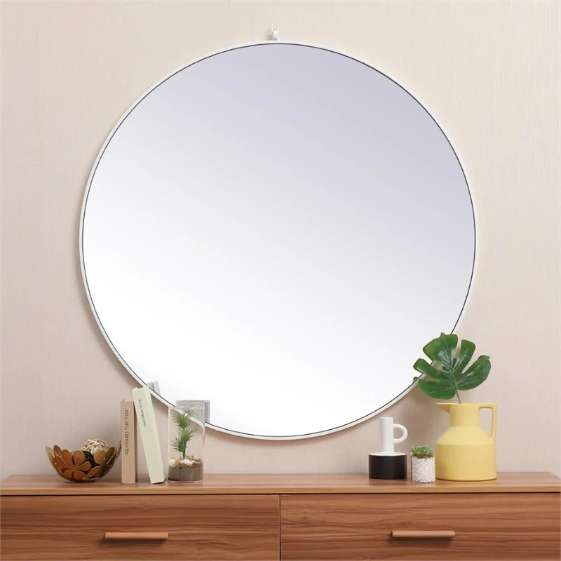 Elegant Furniture & Lighting Elegant Decor Eternity 45" Round Mid Century Metal Frame Hooked Mirror In White 4 Elegant Furniture & Lighting Elegant Decor Eternity 45" Round Mid Century Metal Frame Hooked Mirror In White - Image 2