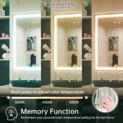 Keonjinn 3-Colors LED Bathroom Mirror, Anti-Fog Memory Dimmable, Sliver, 36x28 -Laural Home Shop d9119629030e23f2 3695 w800 h800 b0 p0
