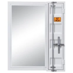 Benzara, Woodland Imprts, The Urban Port Industrial Style Metal Vanity Mirror With Recessed Door Storage, White