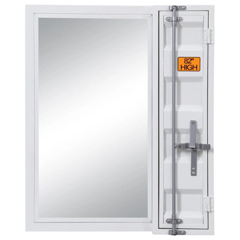 Benzara, Woodland Imprts, The Urban Port Industrial Style Metal Vanity Mirror With Recessed Door Storage, White 3 Benzara, Woodland Imprts, The Urban Port Industrial Style Metal Vanity Mirror With Recessed Door Storage, White