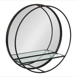 Uniek Kei Modern Round Accent Mirror With Shelf, Black 19 Diameter