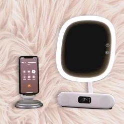 Impressions Vanity Company Melody 9-Inch Round Duotone Makeup Mirror With Bluetooth Speakers, White -Laural Home Shop e65128ca018ace0d 6354 w800 h800 b0 p0