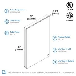 Blossom Kitchen & Bath Supply Fogless, Dimmable, Color Temperature Adjustable LED Mirror, 21x36 -Laural Home Shop e7f176890168961e 9637 w800 h800 b1 p0