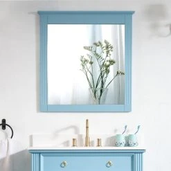 Wellfor Bathroom Solid Wood Mirror For Wall Mounted, 32" X 33" HD Vanity Mirror, Classic Blue