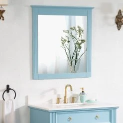 Wellfor Bathroom Solid Wood Mirror For Wall Mounted, 32" X 33" HD Vanity Mirror, Classic Blue -Laural Home Shop fe81775702a8250b 6496 w800 h800 b0 p0
