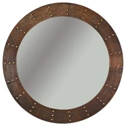 Premier Copper Products 34" Hand Hammered Round Copper Mirror With Hand Forged Rivets