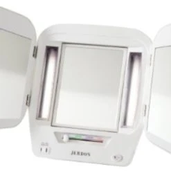 Jerdon JGL10W Euro Tabletop Tri-Fold Two-Sided Lighted Makeup Mirror With 5x Mag