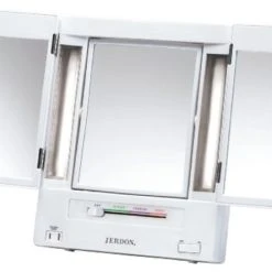 Jerdon JGL9W Tabletop Tri-Fold Two-Sided Lighted Makeup Mirror With 5x Mag