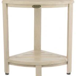 CoastalVogue Oasis 18" Teak Corner Shower Bench With Shelf In White Driftwood