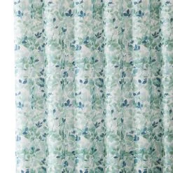 VCNY Lush Nature Bathroom Shower Curtain, Teal Green White Leaf Pattern On Faux Linen